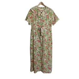 Vintage Size 12 Floral Lace Collar Midi Dress Pink Green Cottagecore USA Made